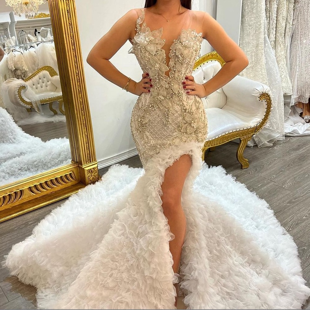 White embroidered wedding dress